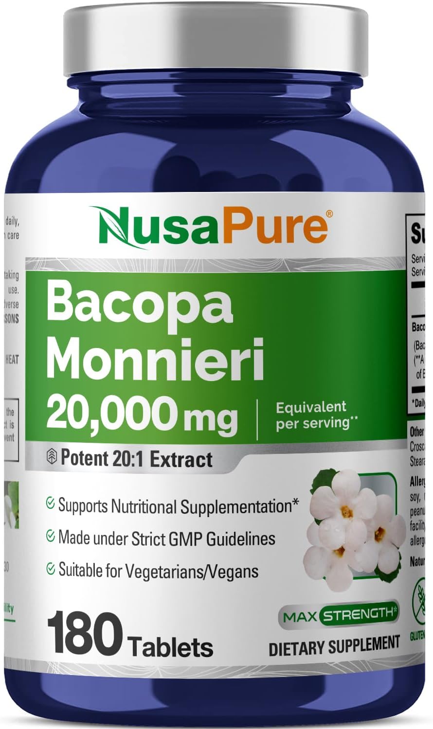 180 Tablets of NusaPure Bacopa Monnieri Leaf Extract - 20,000mg (20:1 Extract Ratio) - Non-GMO & Gluten Free