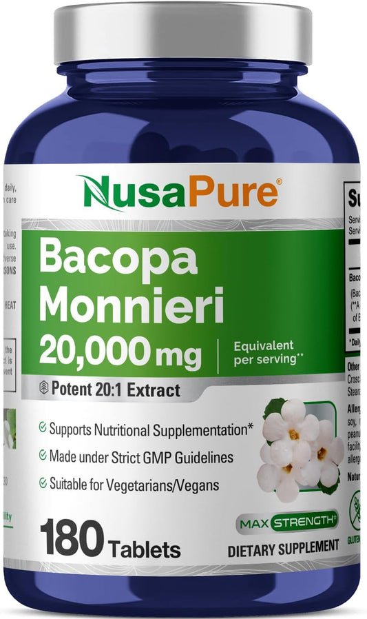 180 Tablets of NusaPure Bacopa Monnieri Leaf Extract - 20,000mg (20:1 Extract Ratio) - Non-GMO & Gluten Free