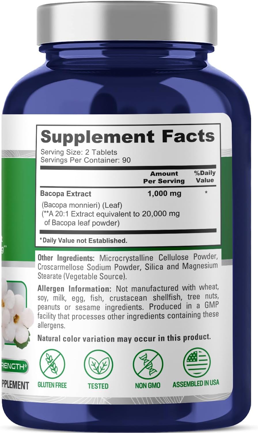 180 Tablets of NusaPure Bacopa Monnieri Leaf Extract - 20,000mg (20:1 Extract Ratio) - Non-GMO & Gluten Free