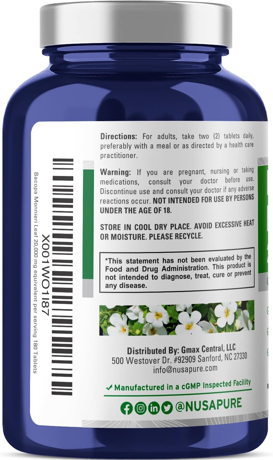 180 Tablets of NusaPure Bacopa Monnieri Leaf Extract - 20,000mg (20:1 Extract Ratio) - Non-GMO & Gluten Free