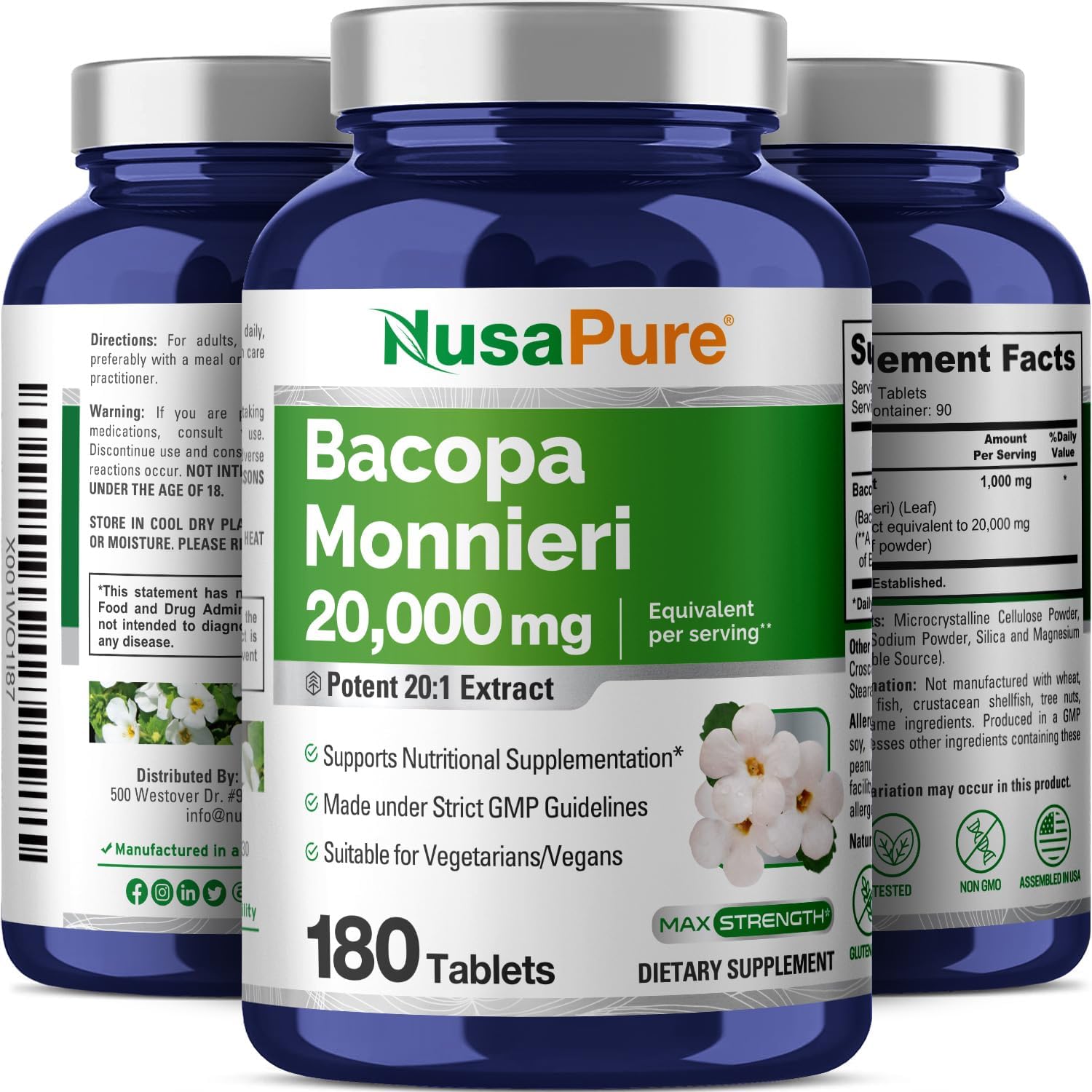 180 Tablets of NusaPure Bacopa Monnieri Leaf Extract - 20,000mg (20:1 Extract Ratio) - Non-GMO & Gluten Free