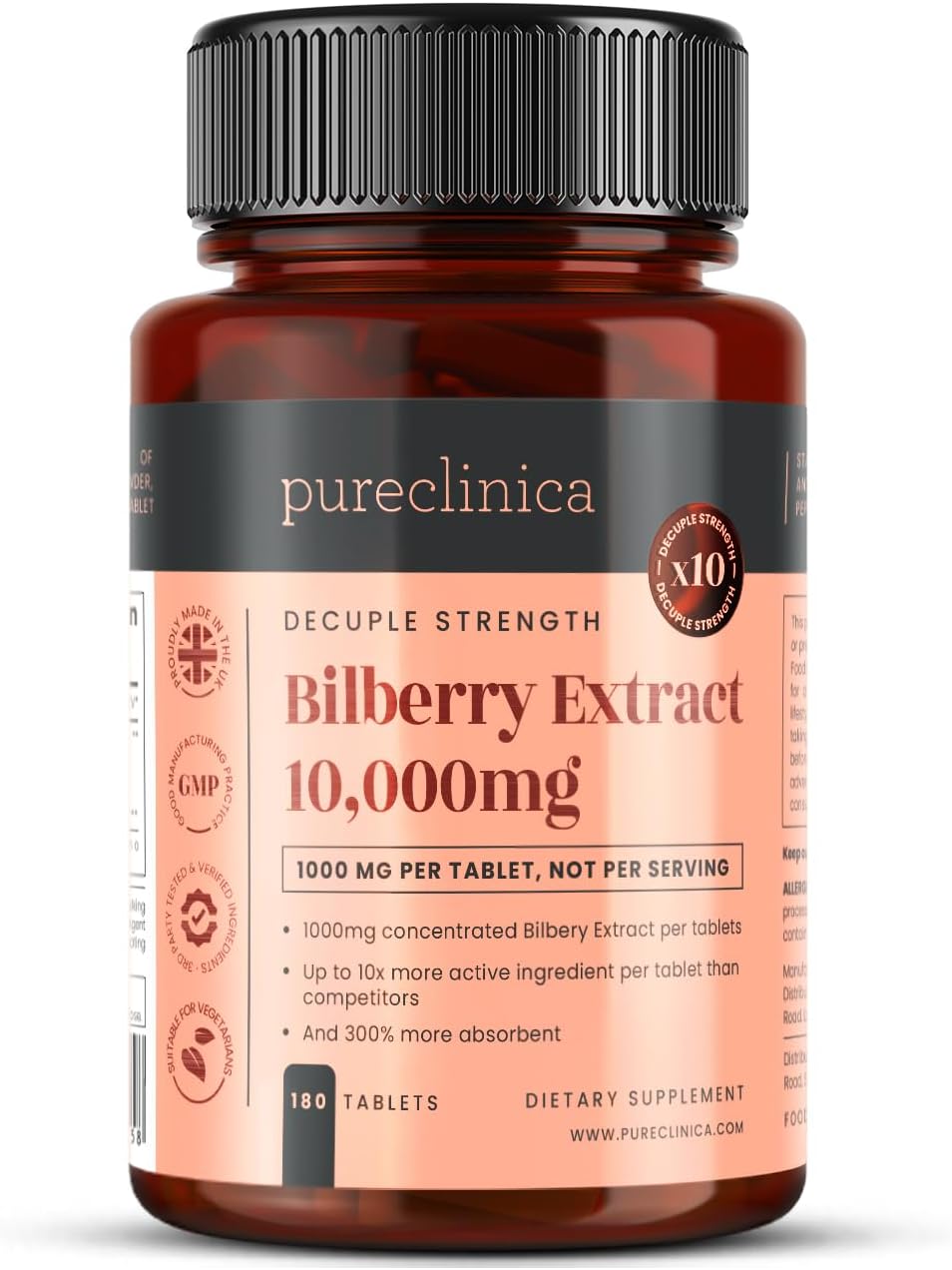 180 Tablets of pureclinica Bilberry Extract with 10,000mg - 6 Months Supply, Enhanced with 10X More Anthocyanidin and 5mg Black Pepper