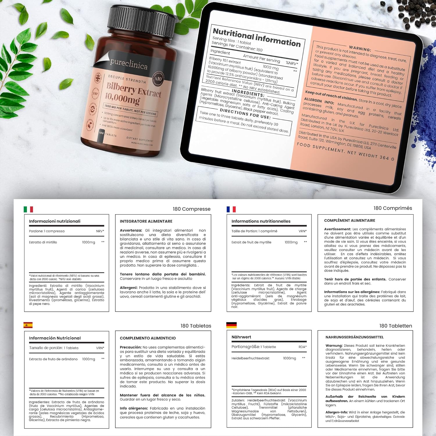 180 Tablets of pureclinica Bilberry Extract with 10,000mg - 6 Months Supply, Enhanced with 10X More Anthocyanidin and 5mg Black Pepper