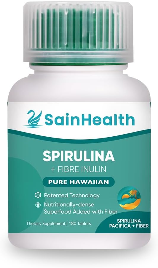 180 Tablets of SainHealth Herbal Supplement with Spirulina and Fiber Inulin for Digestive Health - Vegan and GMO-Free Formula with 600mg Spirulina