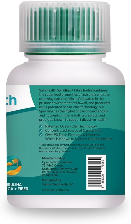 180 Tablets of SainHealth Herbal Supplement with Spirulina and Fiber Inulin for Digestive Health - Vegan and GMO-Free Formula with 600mg Spirulina