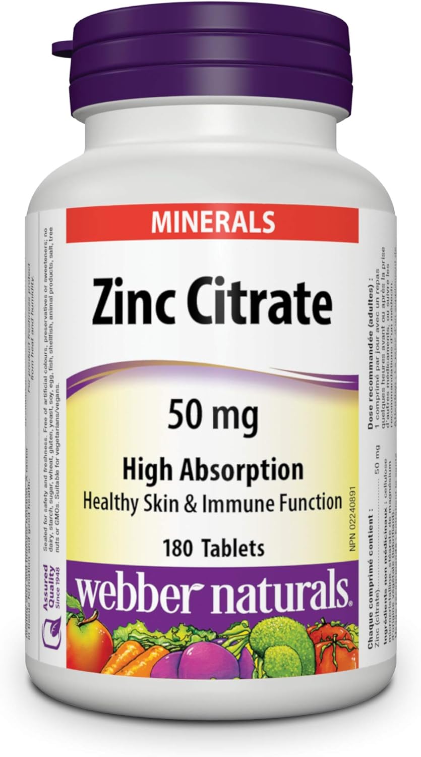 180 Tablets of Webber Naturals Zinc Citrate 50 mg - High Quality Supplement for Immune Support