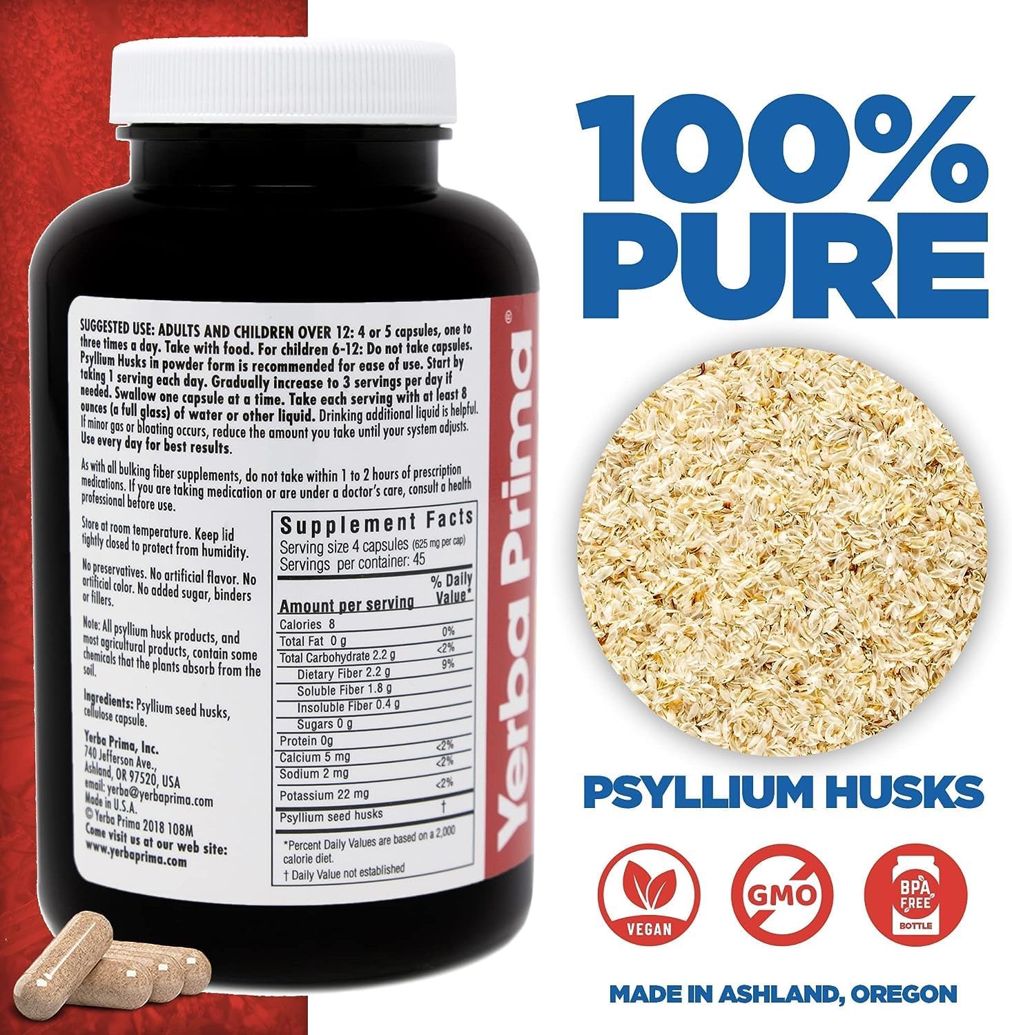 180 Veg Caps Yerba Prima Psyllium Husks Fiber Supplement