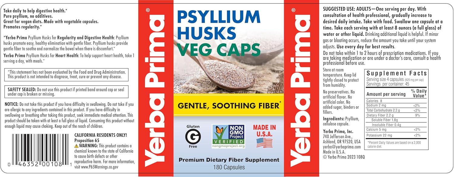 180 Veg Caps Yerba Prima Psyllium Husks Fiber Supplement
