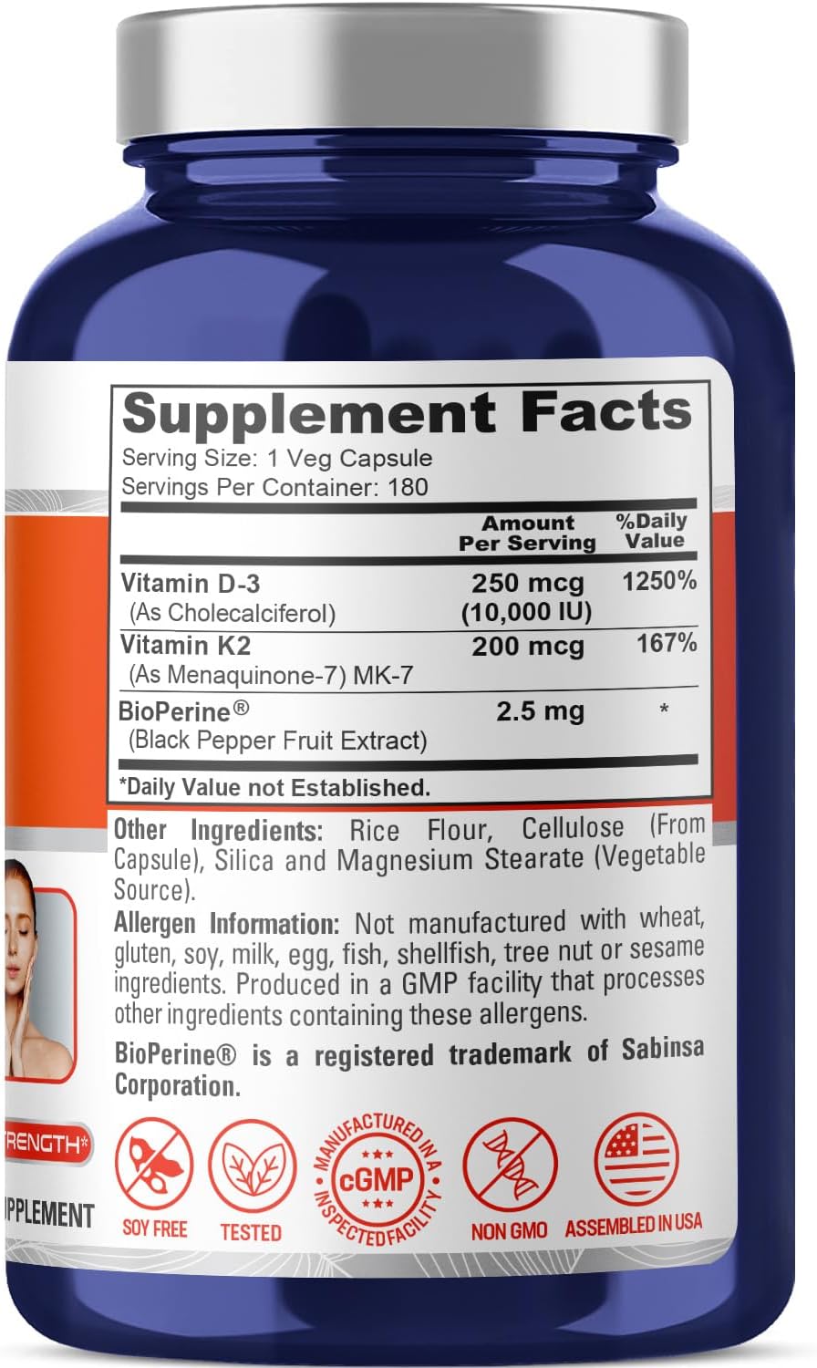 180 Veg Capsules NusaPure Vitamin K2 (MK7) and Vitamin D3 Supplement with 200mcg and 10000 IU respectively - Enhanced with Bioperine, Soy-Free, Non-GMO - BoostGo Australia
