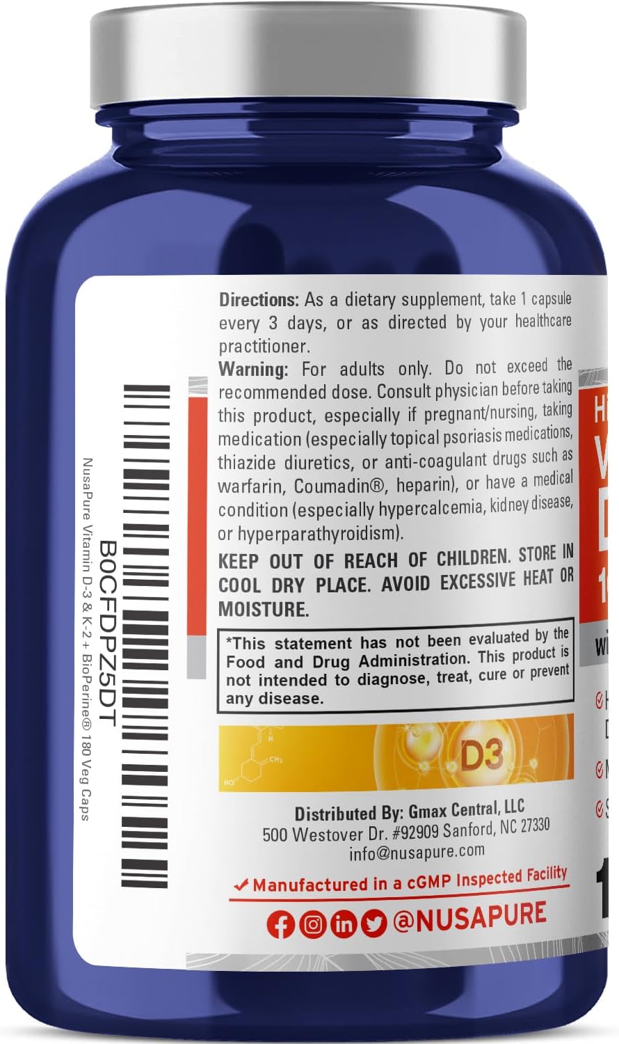 180 Veg Capsules NusaPure Vitamin K2 (MK7) and Vitamin D3 Supplement with 200mcg and 10000 IU respectively - Enhanced with Bioperine, Soy-Free, Non-GMO - BoostGo Australia