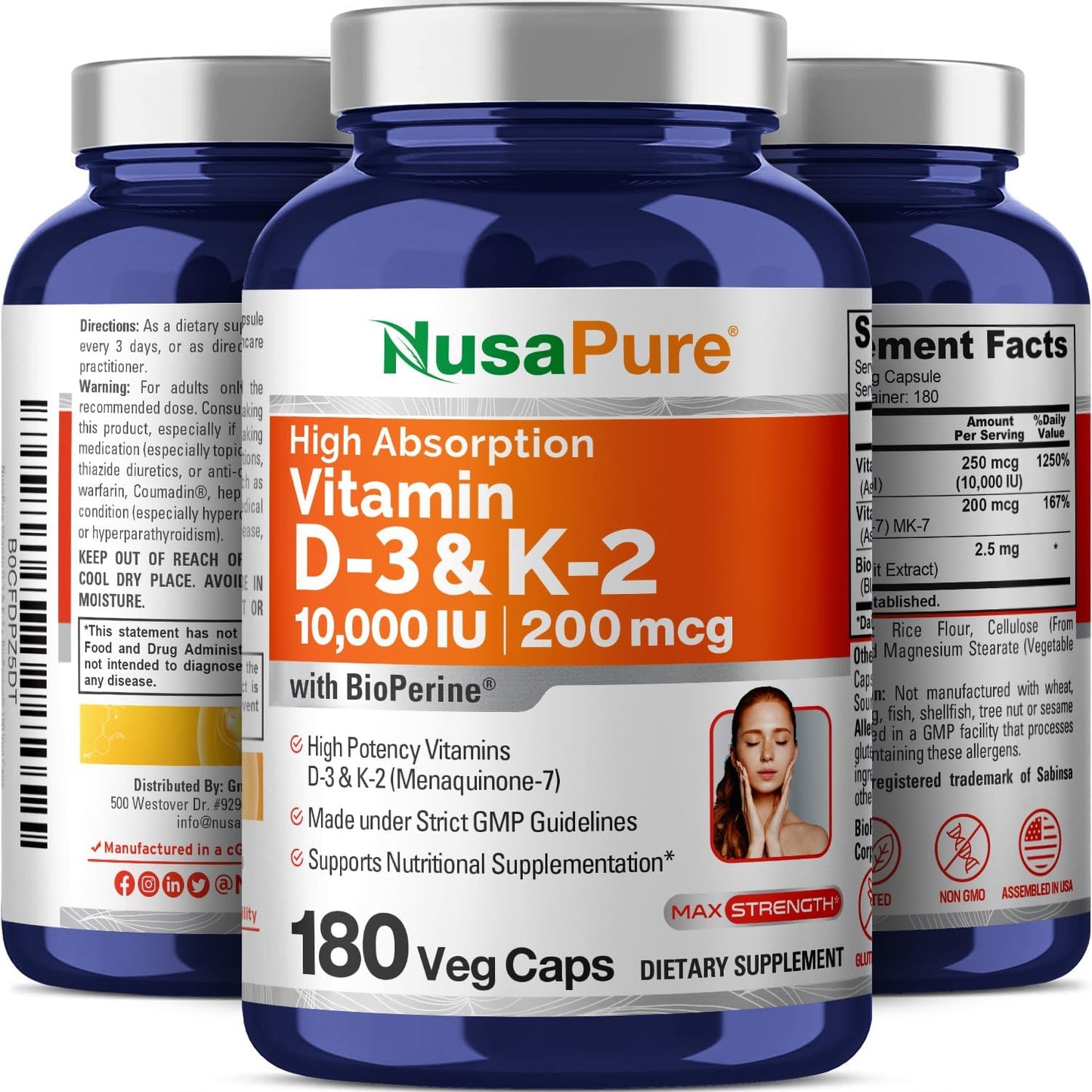 180 Veg Capsules NusaPure Vitamin K2 (MK7) and Vitamin D3 Supplement with 200mcg and 10000 IU respectively - Enhanced with Bioperine, Soy-Free, Non-GMO - BoostGo Australia