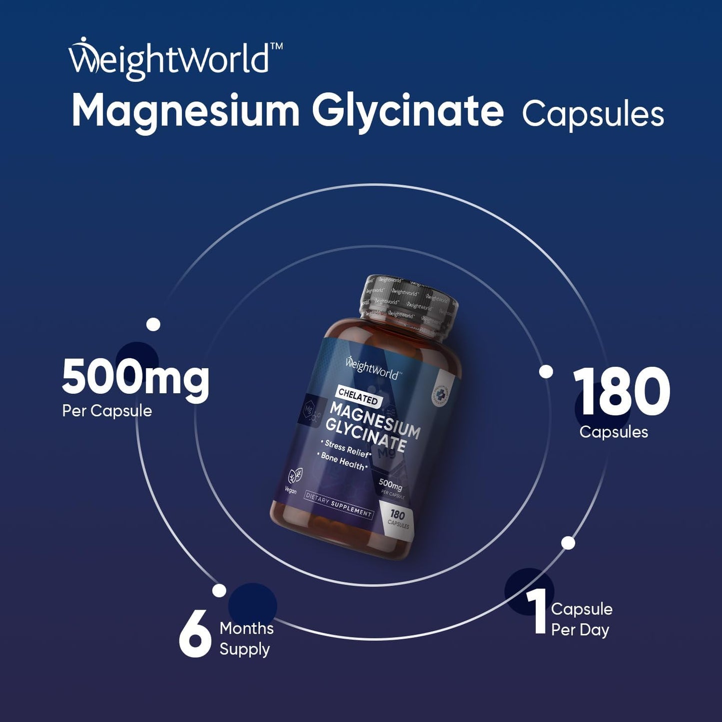 180 Vegan Capsules of 500mg Magnesium Glycinate for High Absorption - Gluten-Free Supplement (6 Months Supply) by WeightWorld