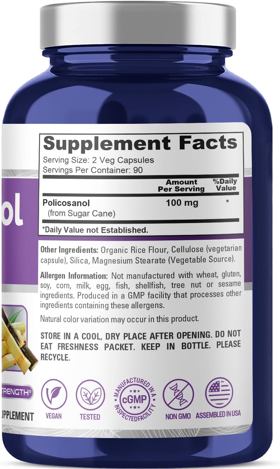 180 Vegan Capsules of NusaPure Policosanol 100mg - Non-GMO Formula