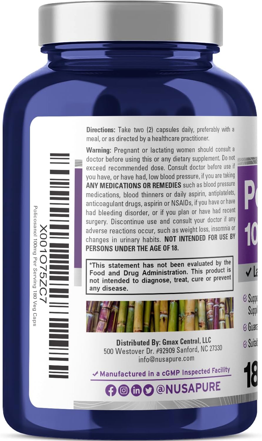 180 Vegan Capsules of NusaPure Policosanol 100mg - Non-GMO Formula