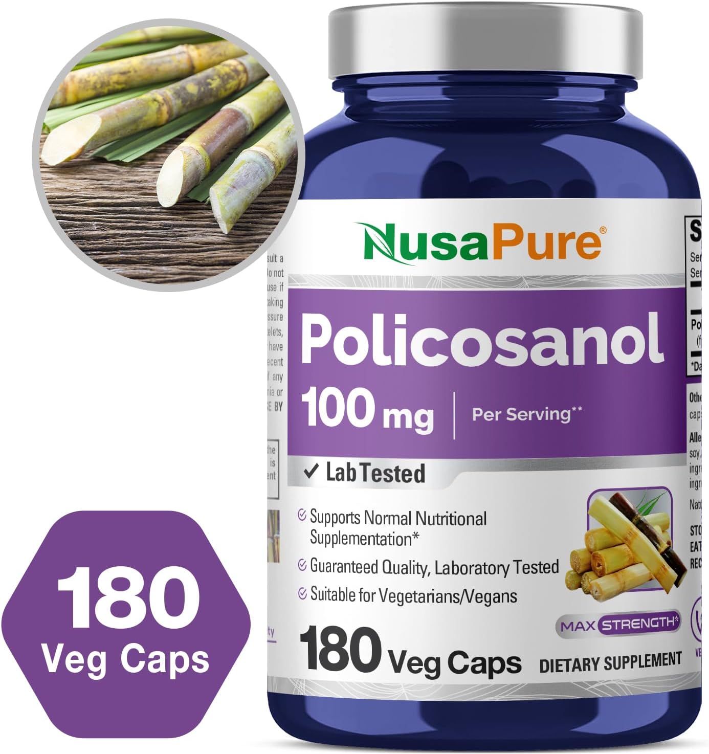 180 Vegan Capsules of NusaPure Policosanol 100mg - Non-GMO Formula