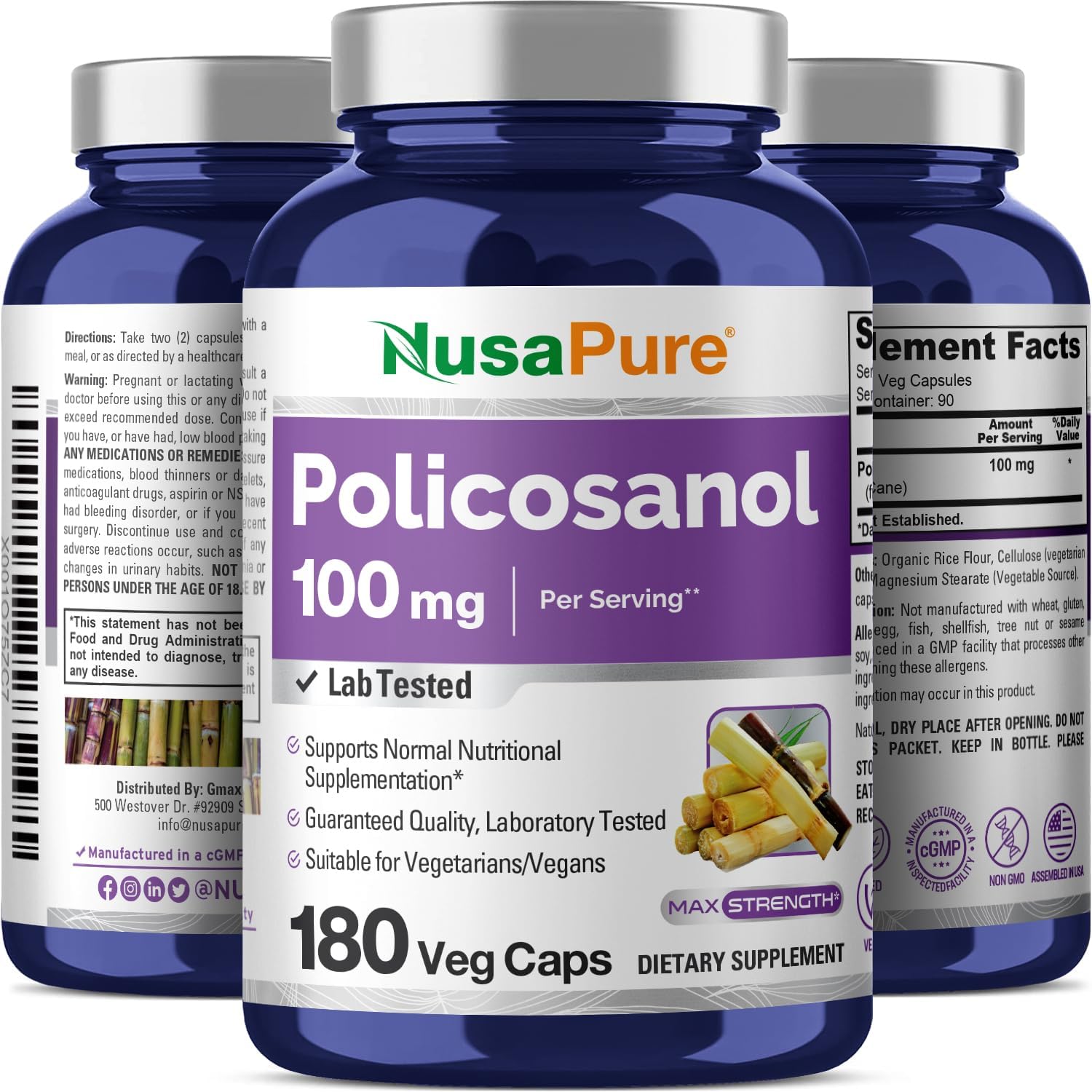 180 Vegan Capsules of NusaPure Policosanol 100mg - Non-GMO Formula