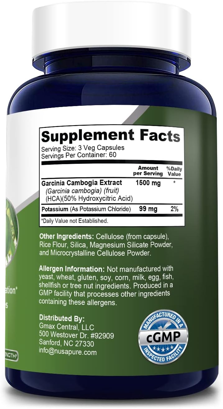 180 Vegetarian Garcinia Cambogia Capsules - 1500mg, Non-GMO, Gluten Free by NusaPure