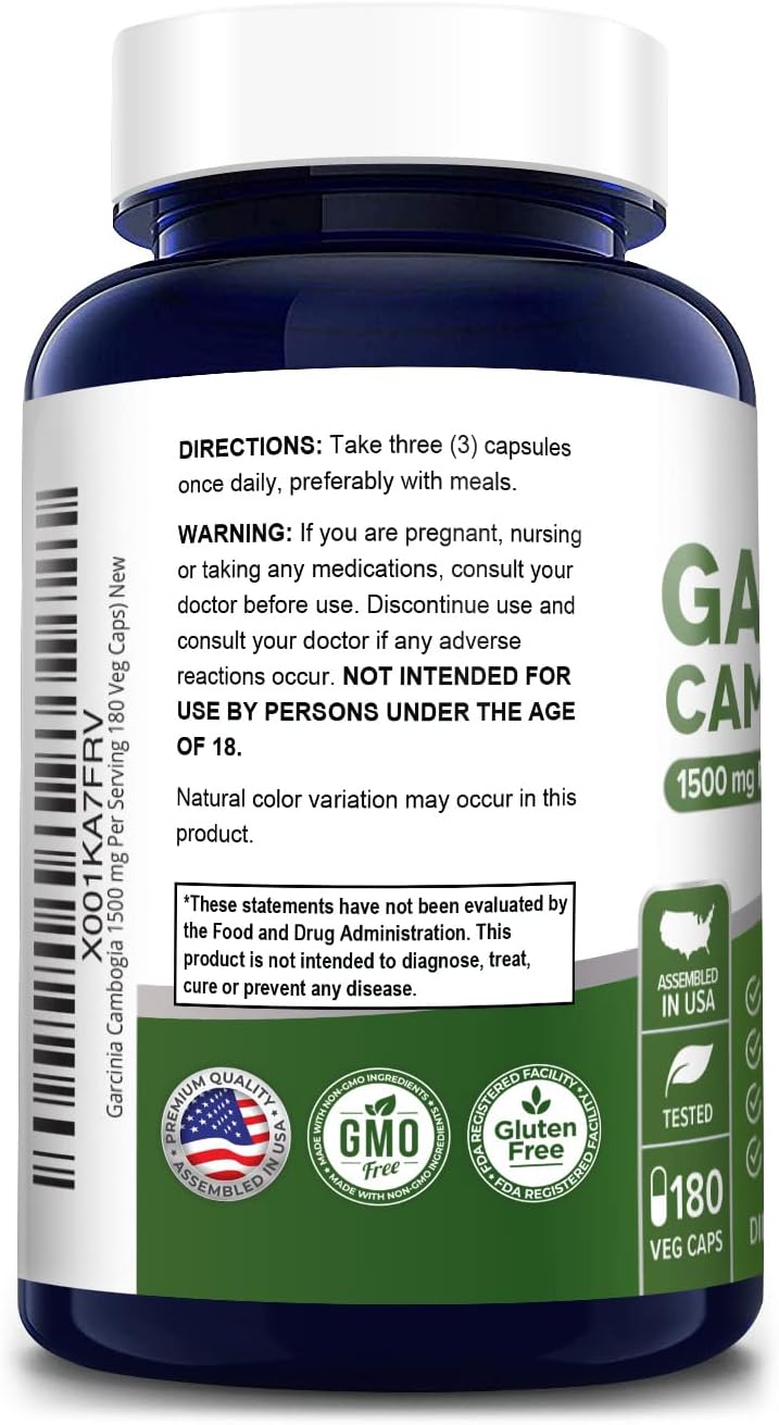 180 Vegetarian Garcinia Cambogia Capsules - 1500mg, Non-GMO, Gluten Free by NusaPure