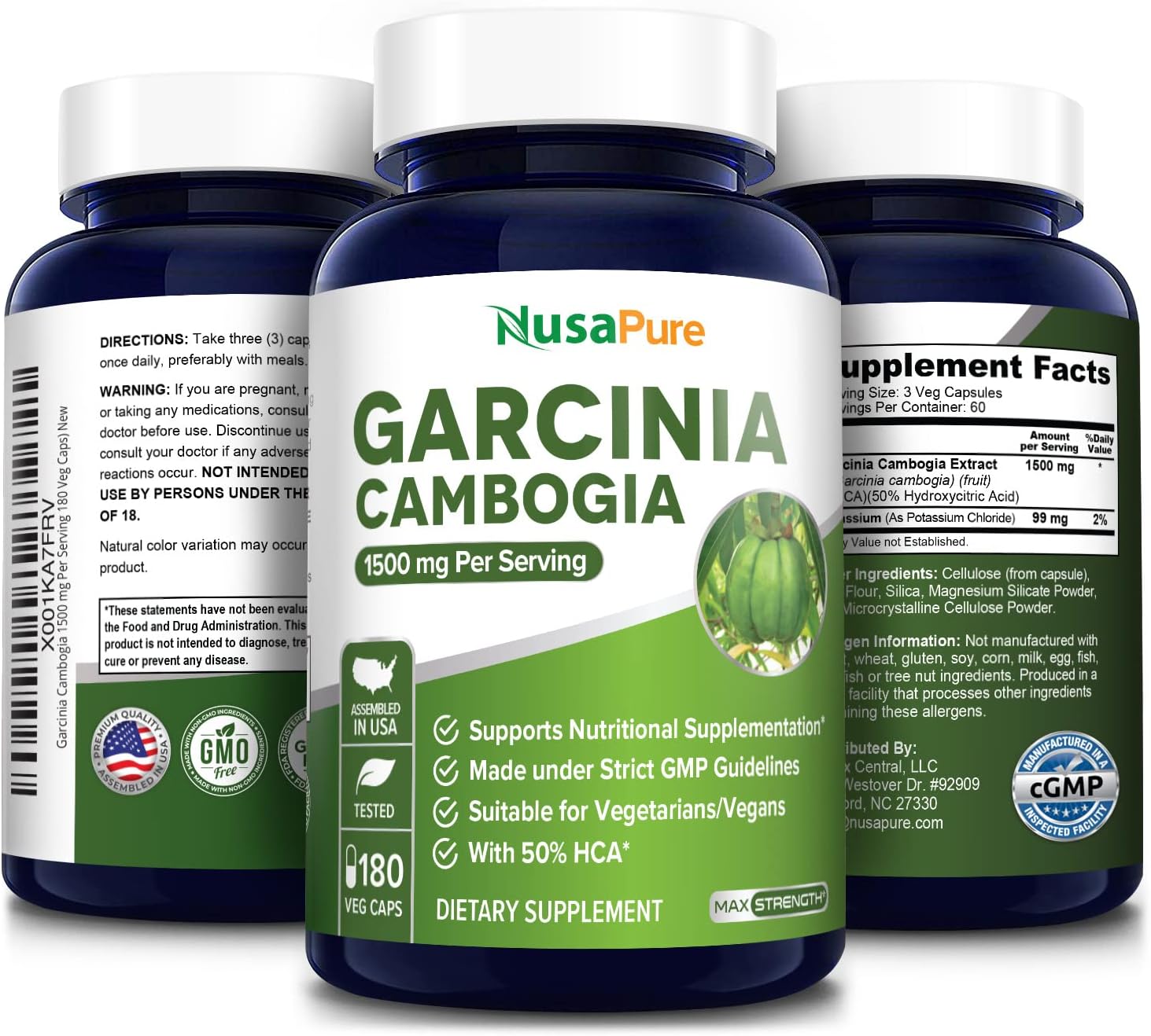 180 Vegetarian Garcinia Cambogia Capsules - 1500mg, Non-GMO, Gluten Free by NusaPure