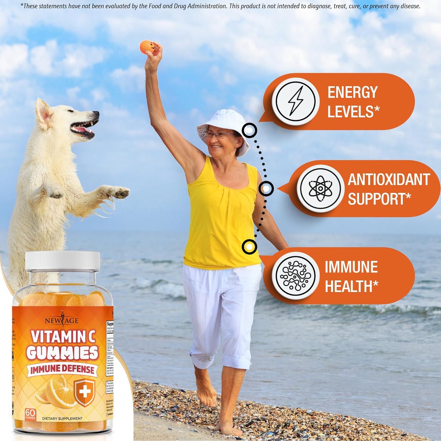 180 Vegetarian Orange Vitamin C Gummies for Healthy Immune System - Gluten-Free New Age Supplement
