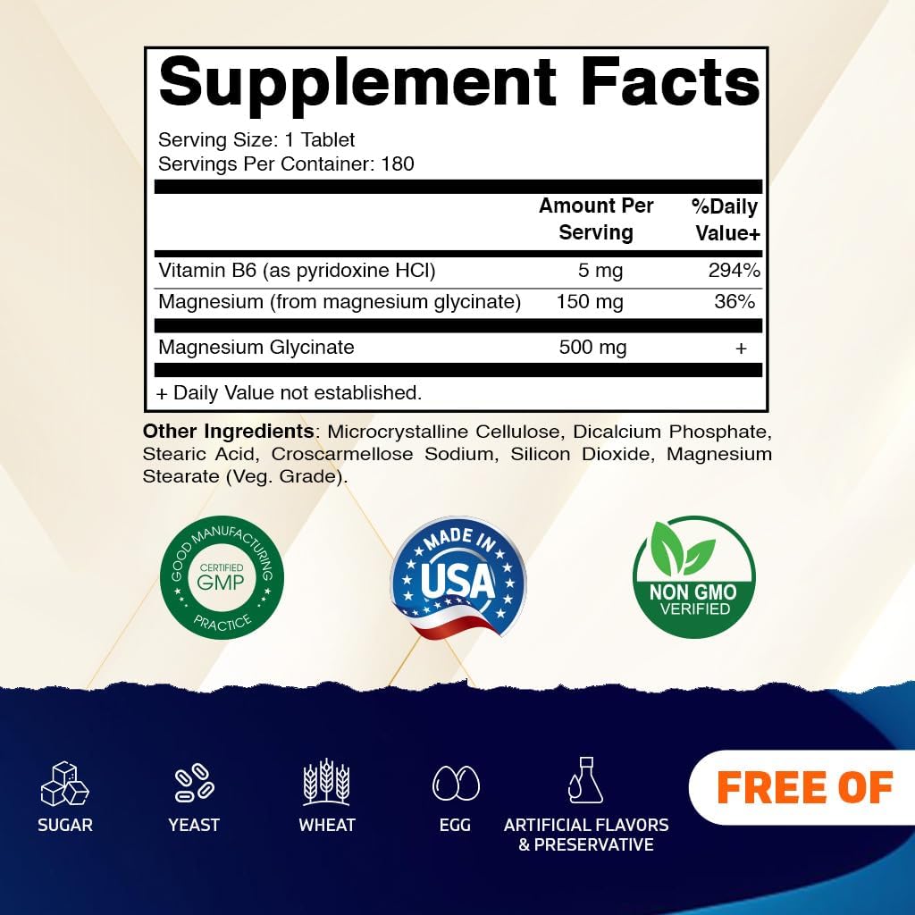 180 Vegetarian Tablets of Vitamatic Magnesium Glycinate with B6 for Muscle, Joint, and Heart Health - 500mg per Tablet - BoostGo Australia