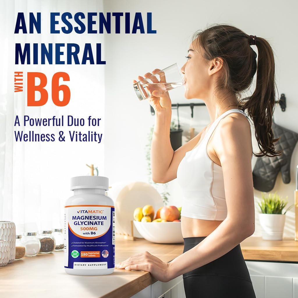 180 Vegetarian Tablets of Vitamatic Magnesium Glycinate with B6 for Muscle, Joint, and Heart Health - 500mg per Tablet - BoostGo Australia