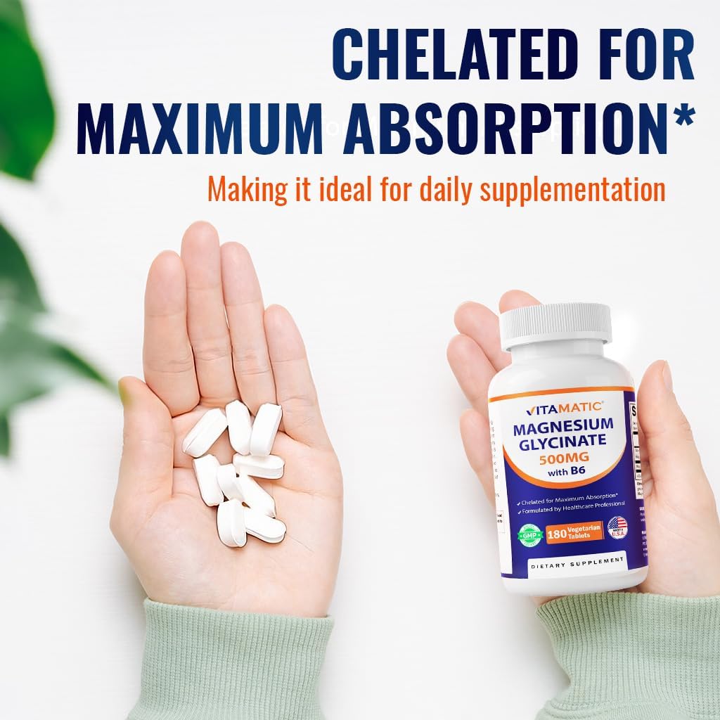 180 Vegetarian Tablets of Vitamatic Magnesium Glycinate with B6 for Muscle, Joint, and Heart Health - 500mg per Tablet - BoostGo Australia