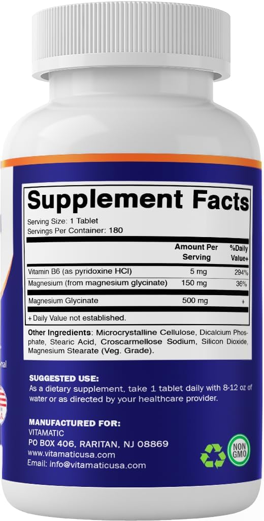 180 Vegetarian Tablets of Vitamatic Magnesium Glycinate with B6 for Muscle, Joint, and Heart Health - 500mg per Tablet - BoostGo Australia