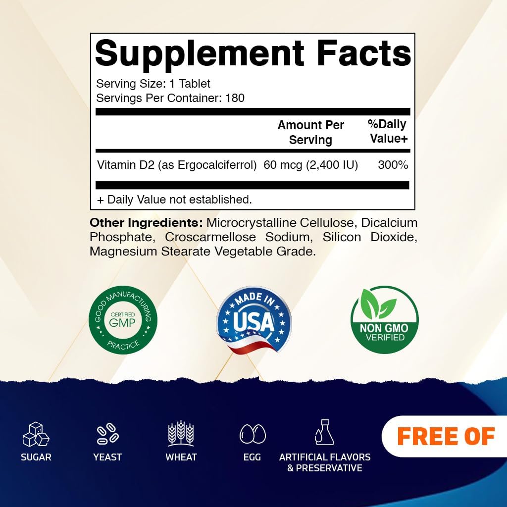 180 Vegetarian Tablets of Vitamatic Vitamin D2 60 mcg (2400 IU) - Ergocalciferol - Pack of 3 Bottles
