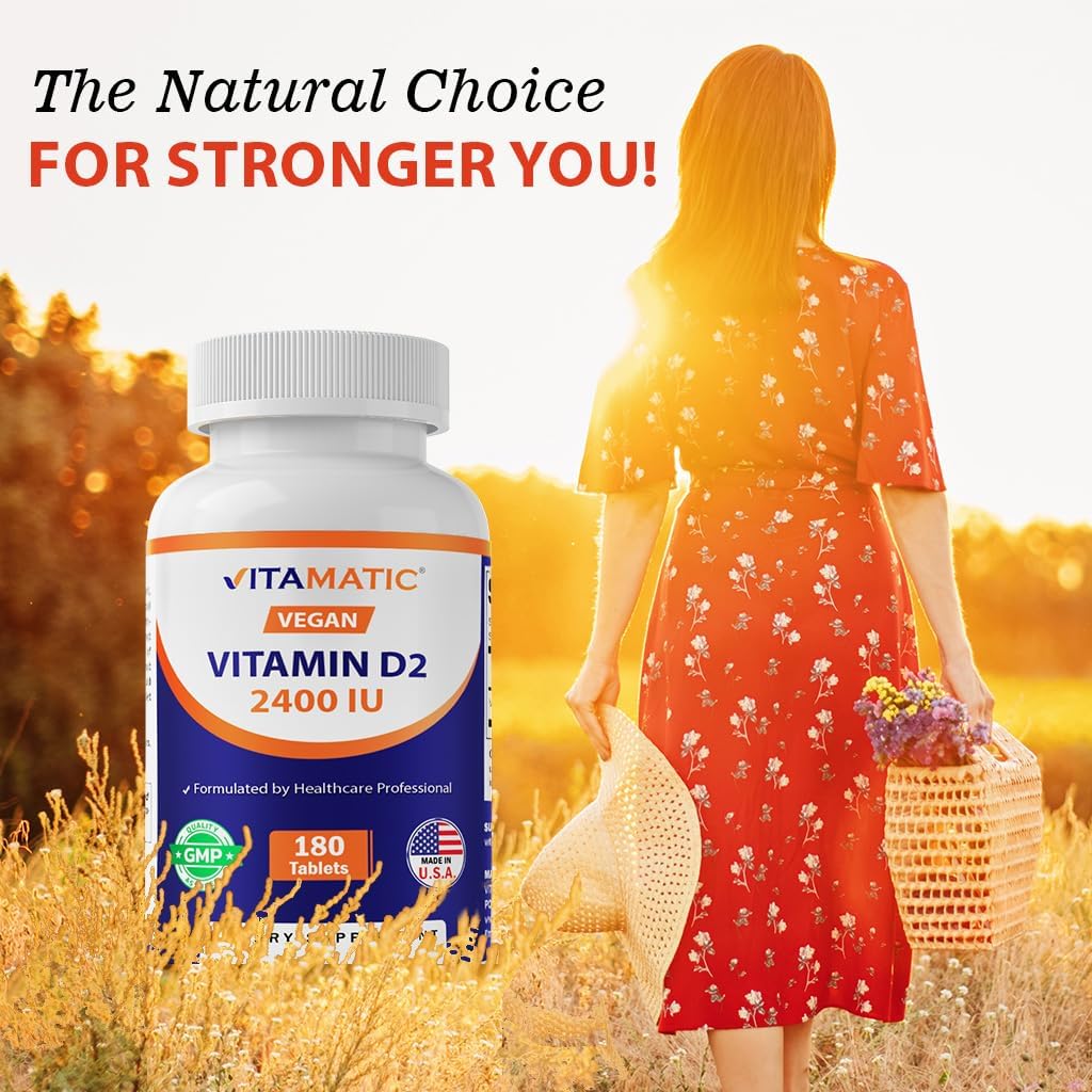 180 Vegetarian Tablets of Vitamatic Vitamin D2 60 mcg (2400 IU) - Ergocalciferol - Pack of 3 Bottles