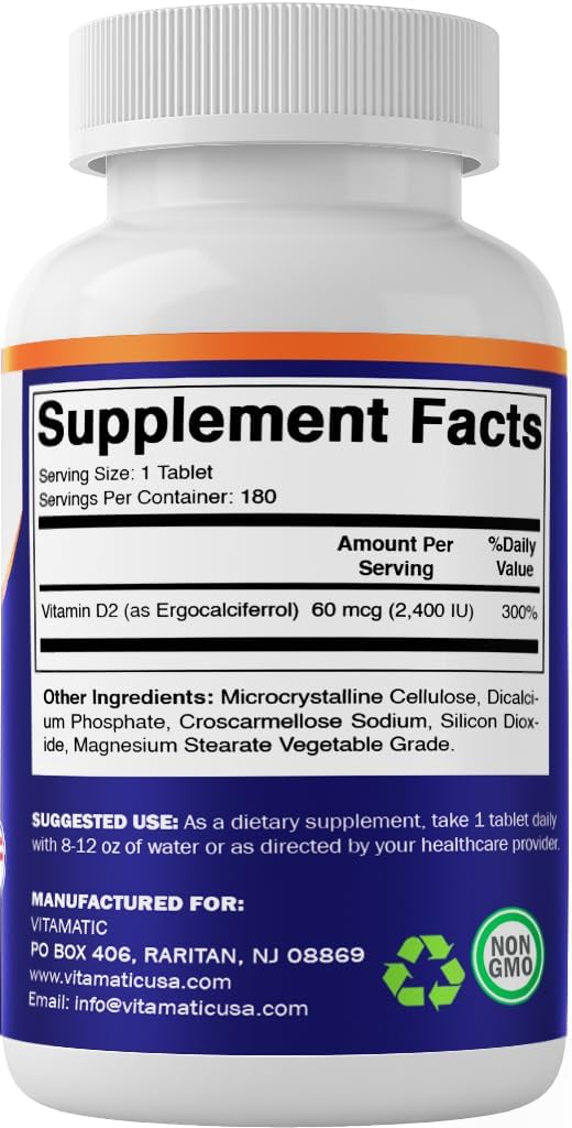 180 Vegetarian Tablets of Vitamatic Vitamin D2 60 mcg (2400 IU) - Ergocalciferol - Pack of 3 Bottles
