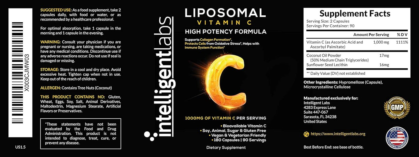 180 Veggie Capsules of Intelligent Labs Liposomal Vitamin C 1000mg with MCT Oil - Energy & Immune Support, Antioxidant Supplement