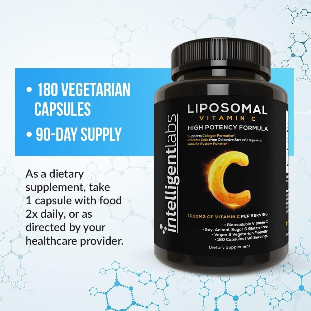 180 Veggie Capsules of Intelligent Labs Liposomal Vitamin C 1000mg with MCT Oil - Energy & Immune Support, Antioxidant Supplement