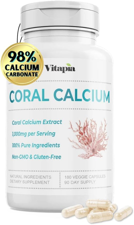180 Veggie Capsules of Vitapia Coral Calcium Powder 1000mg - Non-GMO & Gluten-Free Supplement for Bone Health, PH Balance, and Trace Minerals Support