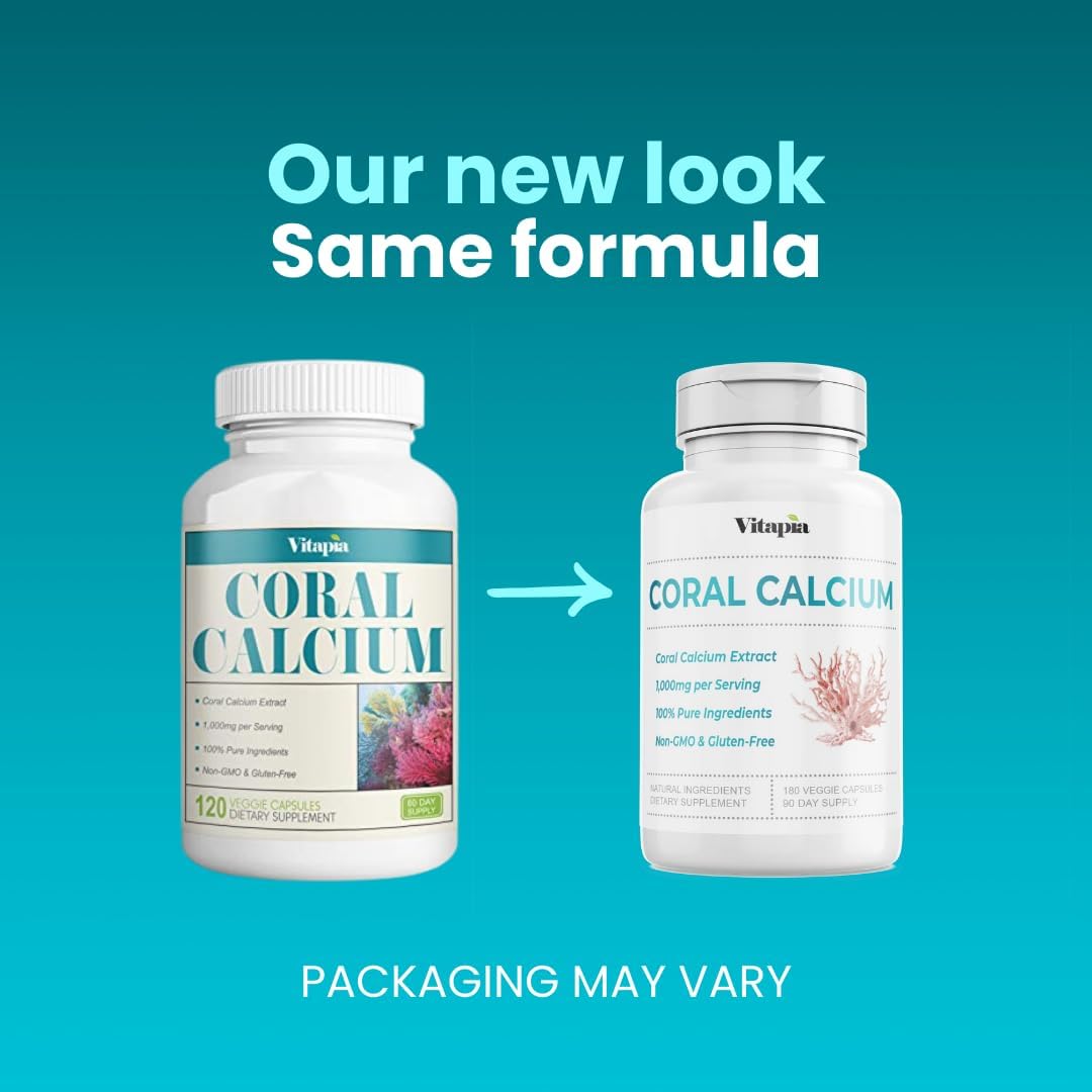 180 Veggie Capsules of Vitapia Coral Calcium Powder 1000mg - Non-GMO & Gluten-Free Supplement for Bone Health, PH Balance, and Trace Minerals Support