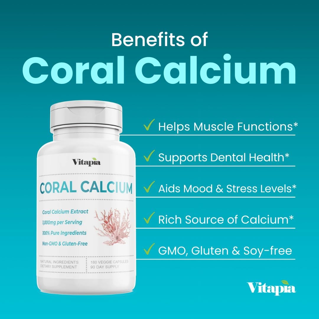 180 Veggie Capsules of Vitapia Coral Calcium Powder 1000mg - Non-GMO & Gluten-Free Supplement for Bone Health, PH Balance, and Trace Minerals Support