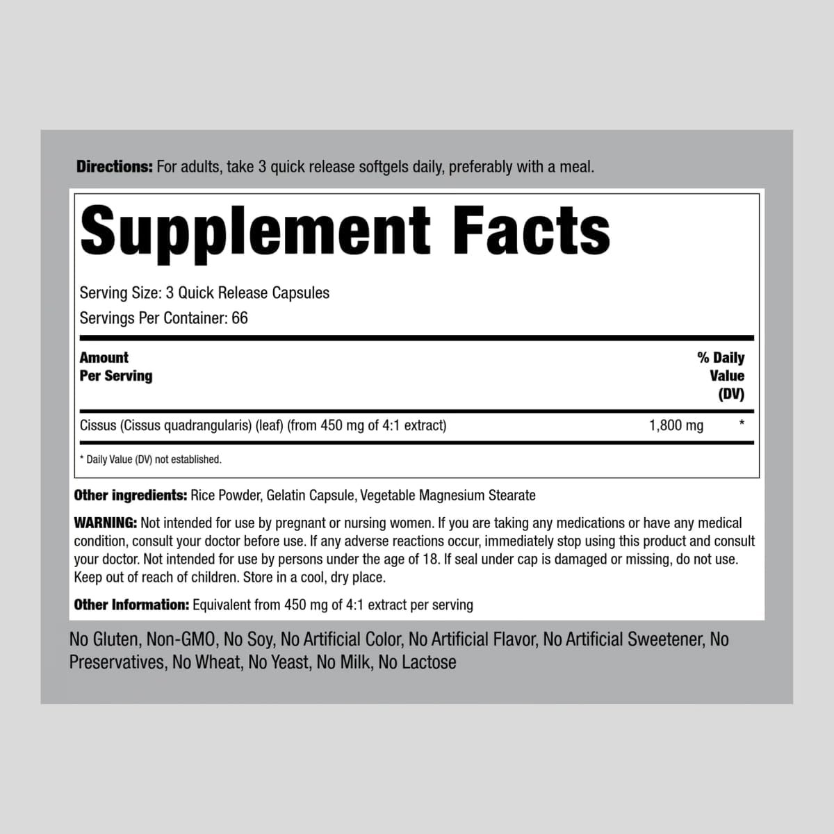 1800mg Cissus Quadrangularis Supplement - 200 Capsules - Ultra Concentrated Herbal Extract - Non-GMO & Gluten Free