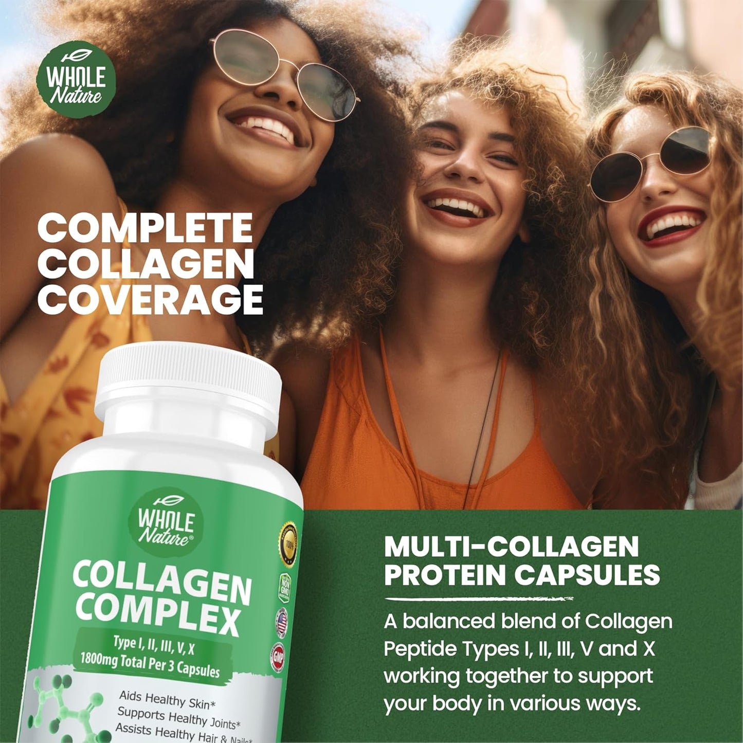 1800mg Multi Collagen Protein Peptides Capsules - Types I, II, III, V, X - Joint Support, Hair, Skin, Nails - 100% Natural - 180ct