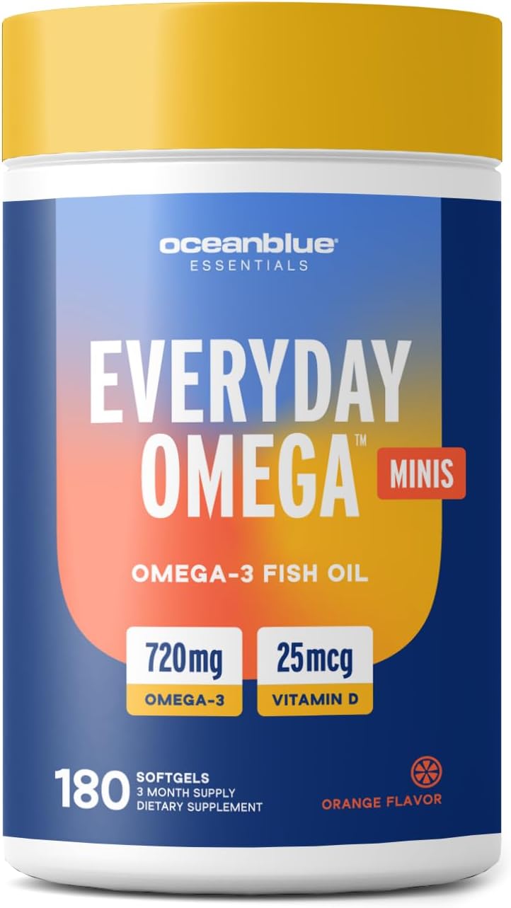180ct Oceanblue Essentials Everyday Omega Minis: Burpless Fish Oil with Vitamin D3, Heart & Immune Support, Easy-to-Swallow Mini Softgels, Orange Flavor, 3 Month Supply