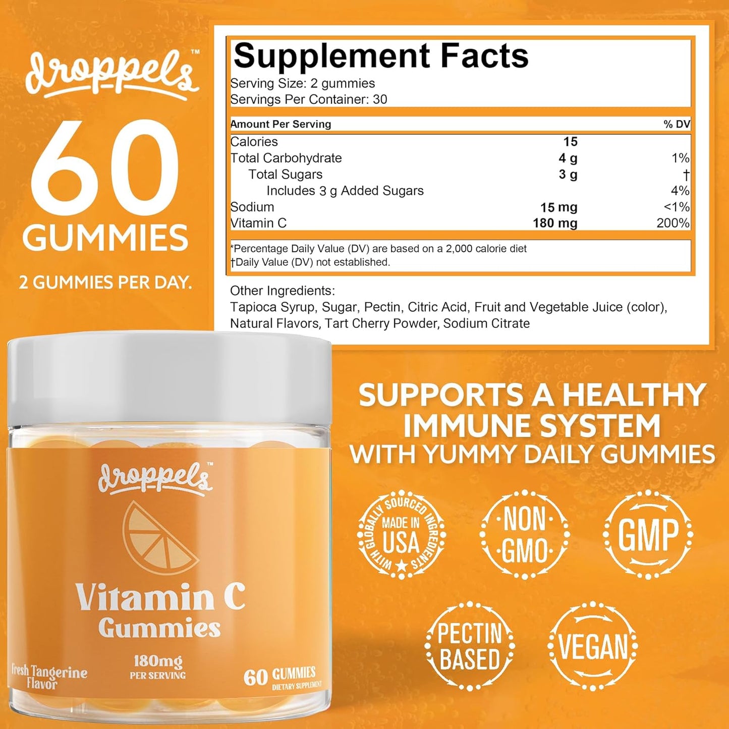 180mg Vitamin C Vegan Gummies - Immune Support Booster with Pectin - Tangerine Flavor, 60 Count