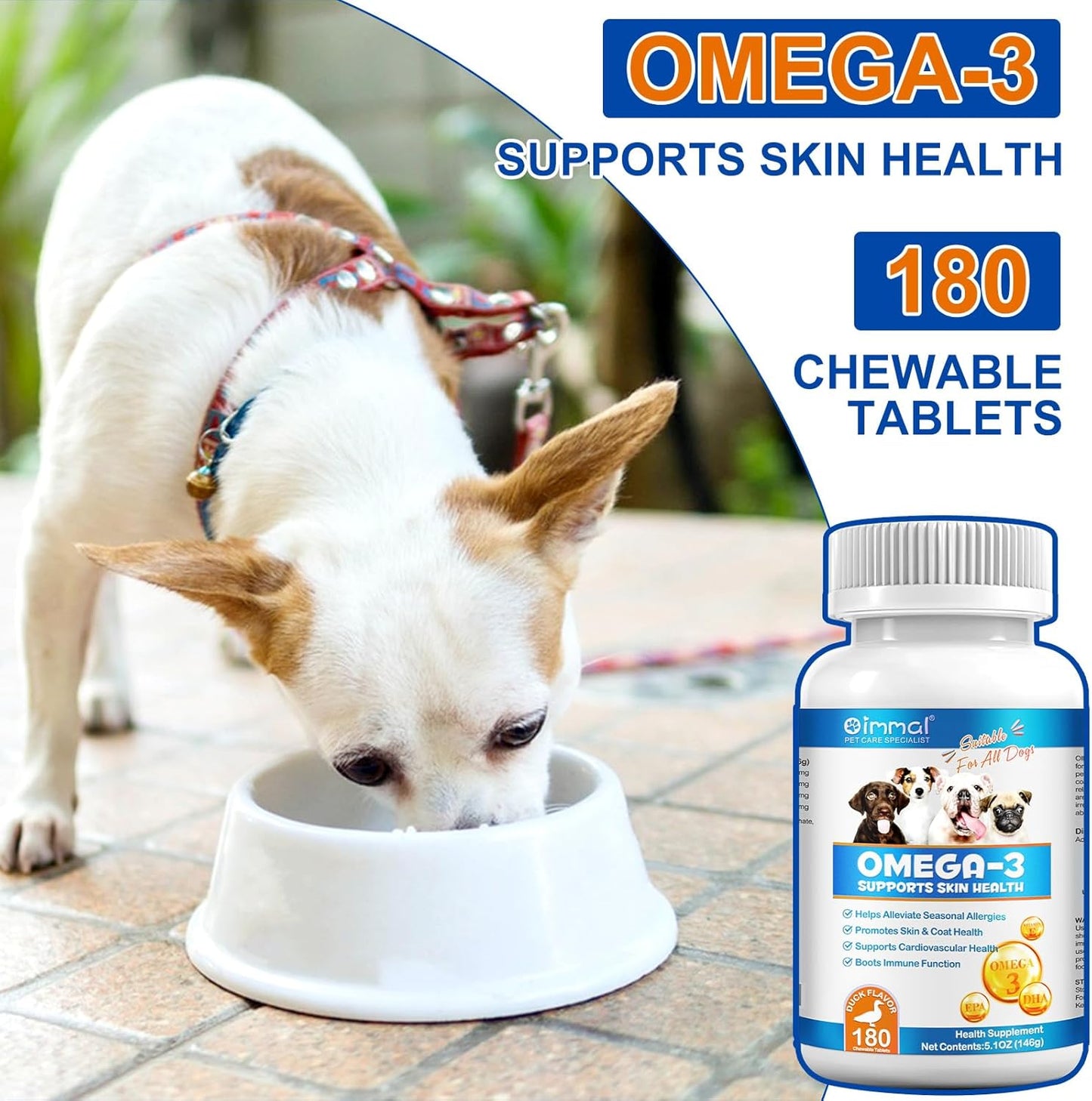 180P Omega 3 Fish Oil Tablets for Dogs - Supports Seasonal Allergies, Itchy Skin, Coat Health - Pet Dog Fish Supplements Omega-3 6 9, Vitamin E