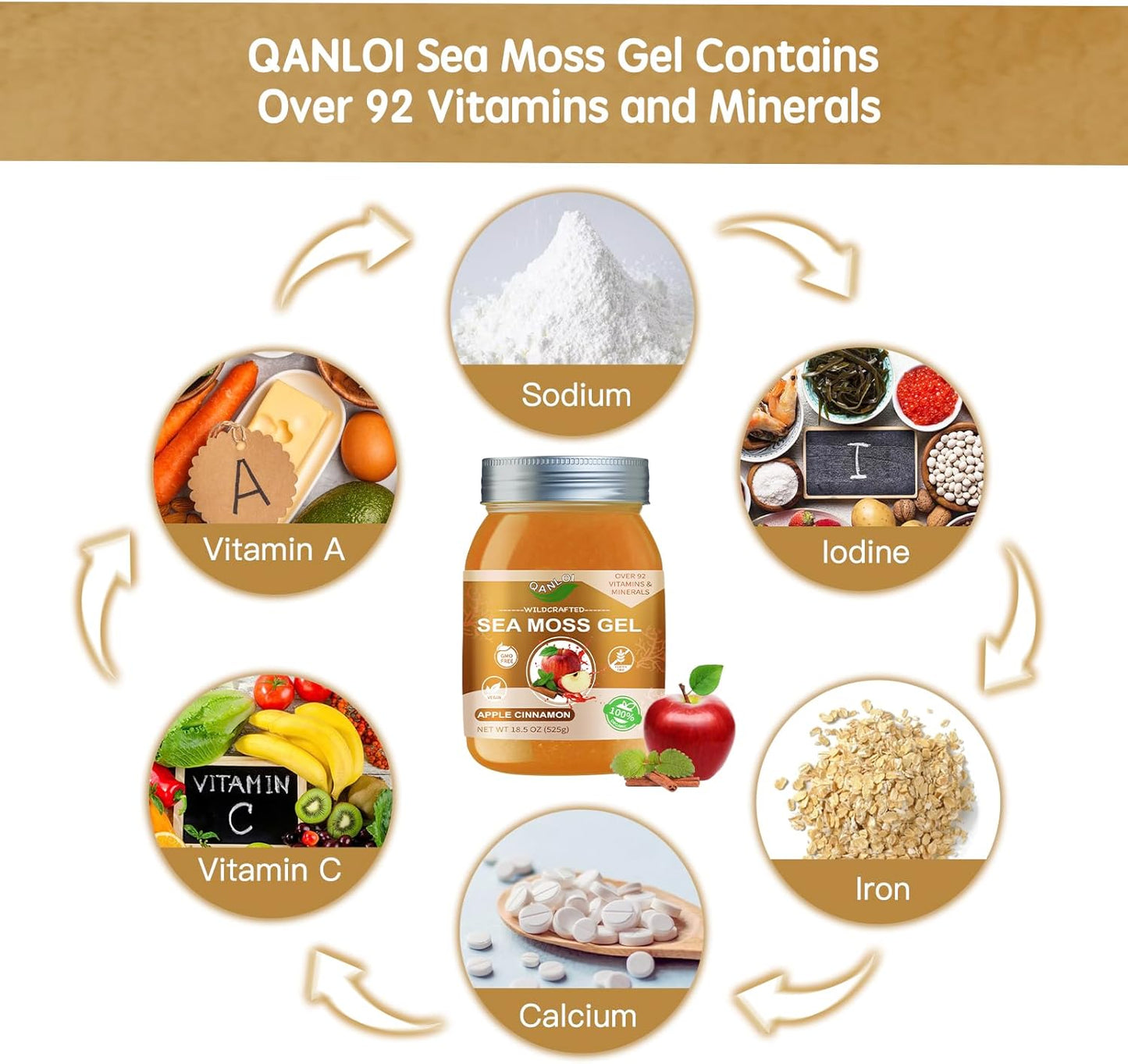 18.5OZ QANLOI Organic Seamoss Raw Gel Supplement with Irish Sea Moss - Immune Support - Apple Cinnamon Flavor