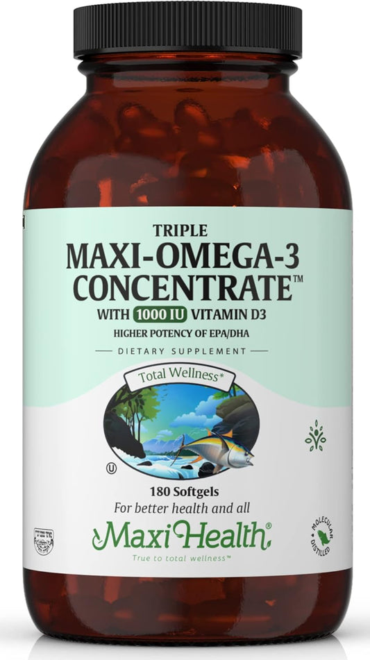 190 Capsules Maxi Health Triple Omega-3 Concentrate with Fish Oil and Vitamin D3 - 1000 IU