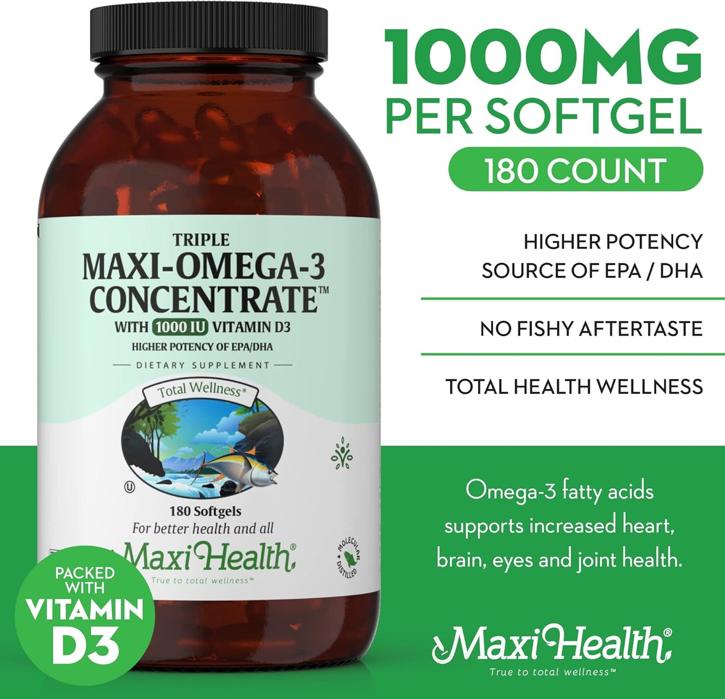 190 Capsules Maxi Health Triple Omega-3 Concentrate with Fish Oil and Vitamin D3 - 1000 IU