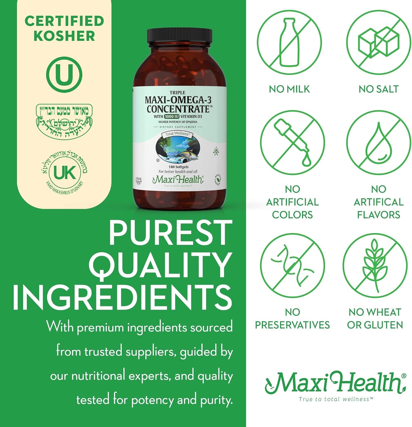 190 Capsules Maxi Health Triple Omega-3 Concentrate with Fish Oil and Vitamin D3 - 1000 IU