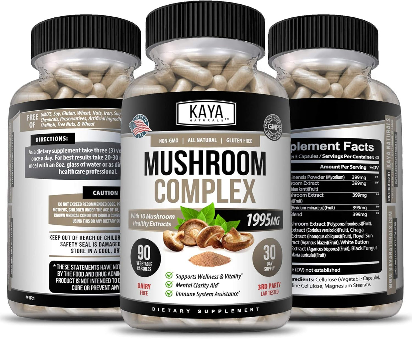 1995mg Premium Mushroom Complex Capsules for Wellness Support - Non-GMO & Gluten-Free - 90 Count