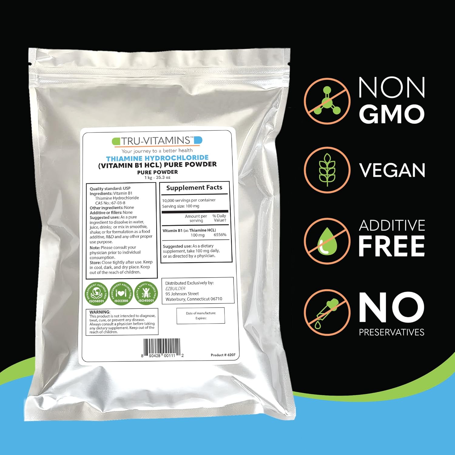 1kg (2.2 lb.) EZ BUILDER Thiamine Hydrochloride Pure Powder - Vitamin B1 Supplement