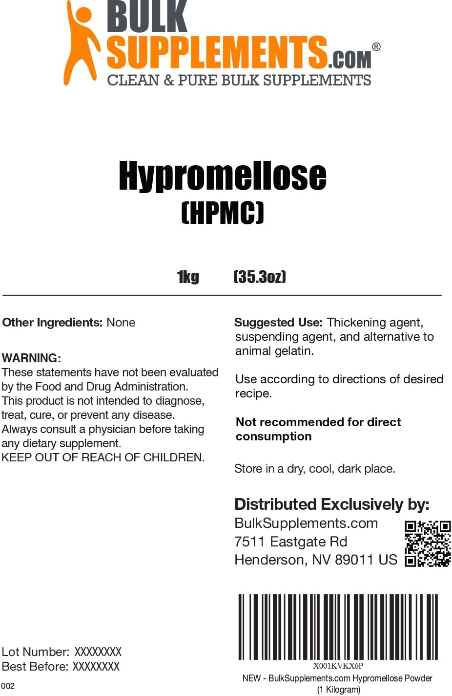 1kg BulkSupplements.com Hypromellose Powder - Hydroxylpropyl Methylcellulose, HPMC Excipient & Thickening Agent - Vegan-Friendly Option