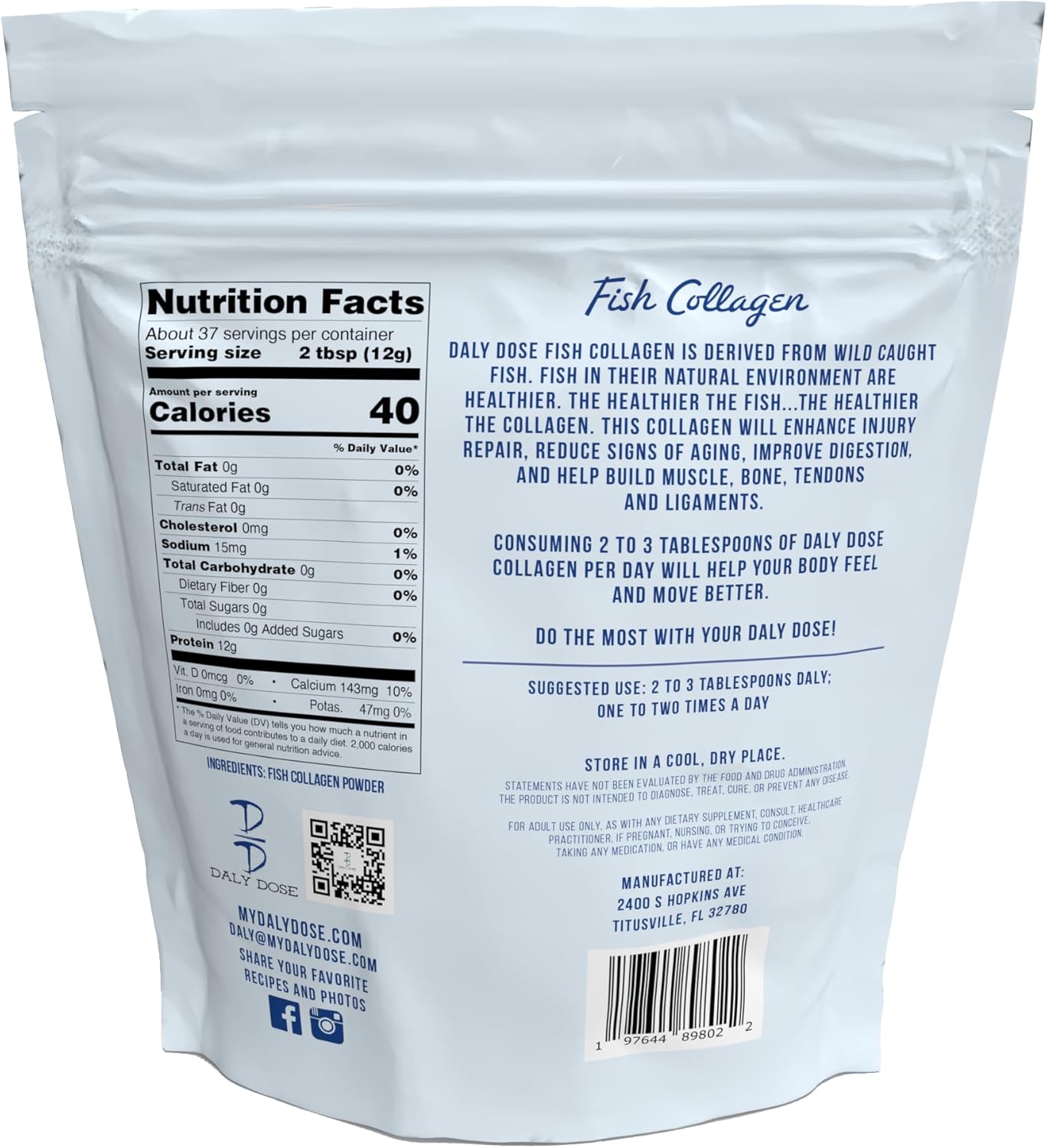 1lb Bag of Daly Dose Tilapia Fish Collagen Powder - 37 Servings, 12g Protein - Gluten Free, Keto & Paleo Friendly, No Sugar, Non-Irradiated