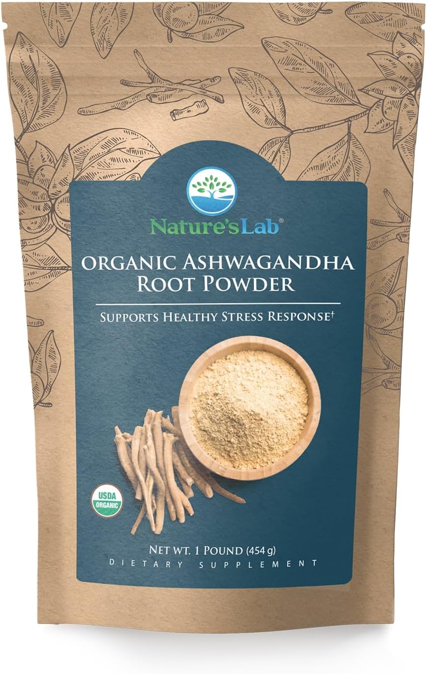 1lb Bag of Nature's Lab Organic Ashwagandha Root Powder - 227 Servings for Stress Relief and Immune Support